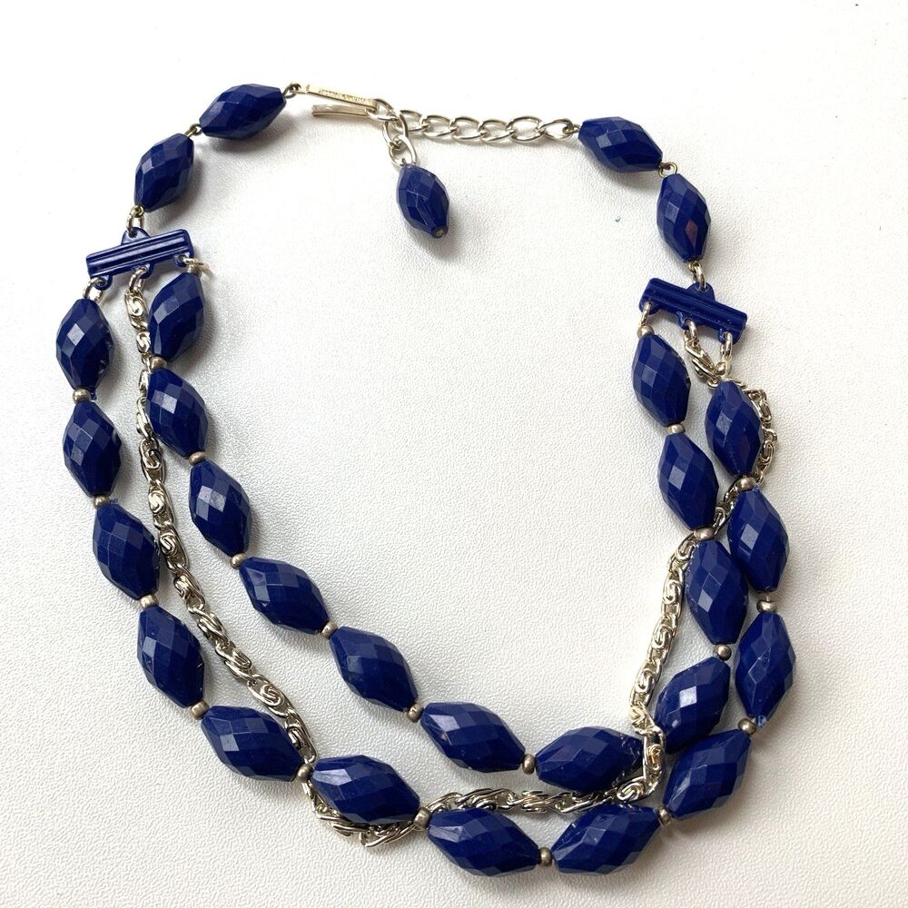 Vintage West Germany Blue Faceted Acrylic Bead Statement Necklace Silver Tone - Picture 5 of 9